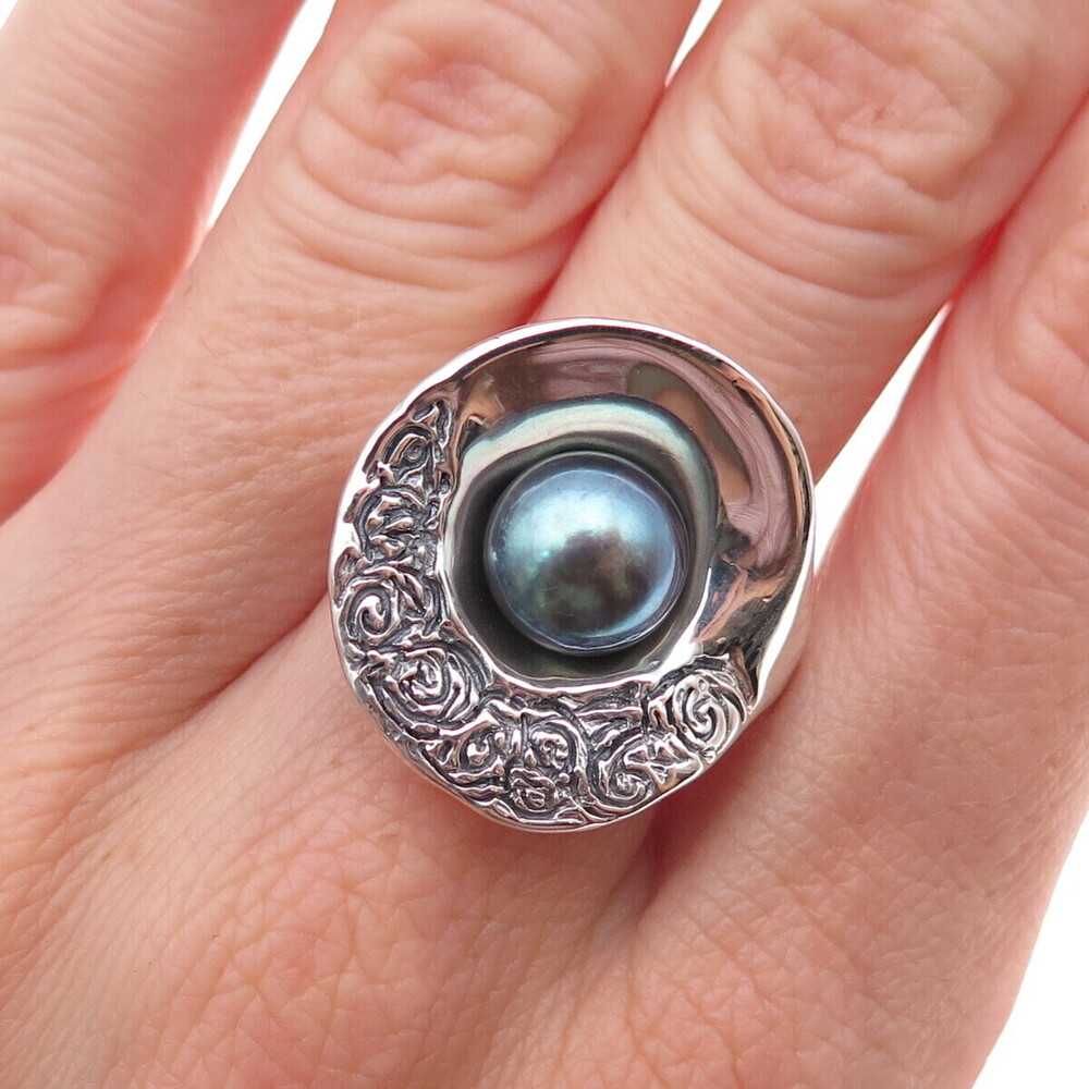 Hagit Gorali 925 Sterling Silver Vintage Israel Real Tahitian Pearl Ring Size 8